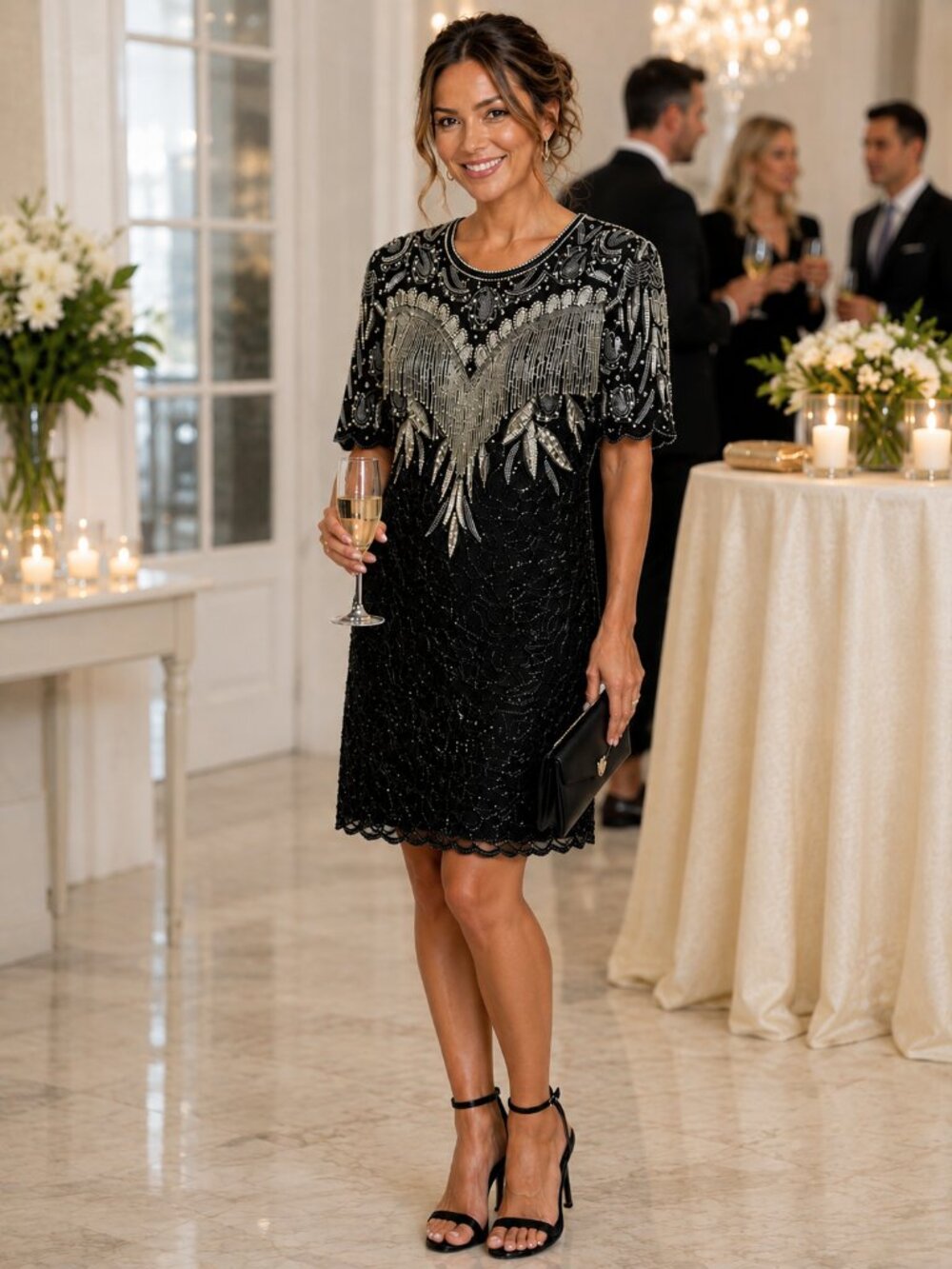 Laurence Kazar Black Dress with Silver Fringe Embellishment